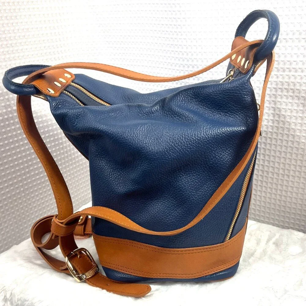 Valentina Italian leather convertible sling backpack in blue/tan pebbled leather - Picture 1 of 13